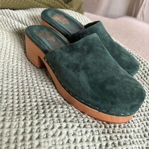 Charlotte Stone Forest Green Suede Wooden Clogs